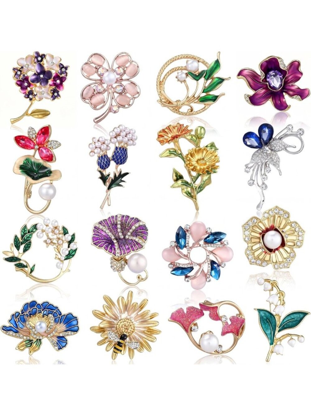 16 Pcs Vintage Rhinestone Animal & Plant Brooch Set - Unique Gifts for Women
